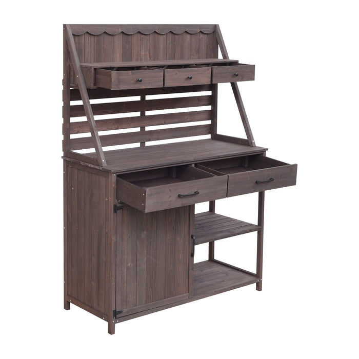 Potting Bench With 5 Drawer Storage And Slatted Back Panel, Garden Workstation - Brown