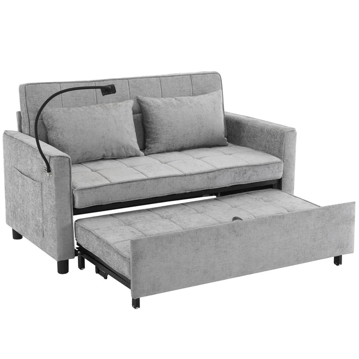 Pull-Out Sleeper Sofa With Reversible Backrest Cushion, Side Pockets, 2 USB Ports And A Phone Holder For Living Room