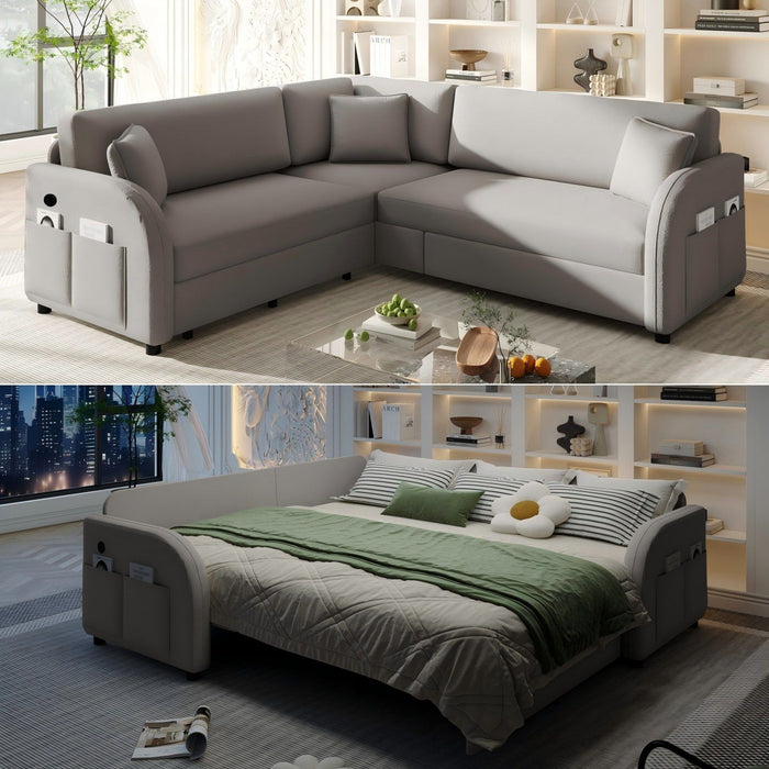 L-Shaped Couch With Pull-Out Bed, Oversize Convertible Sleeper Sofa With Side Pocket & USB Port