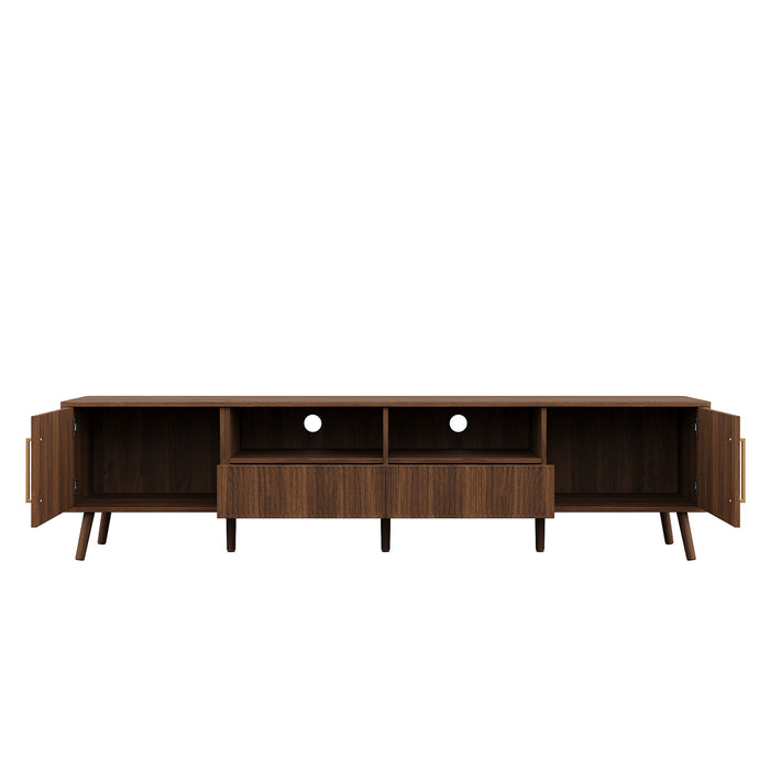 78" TV Stand For 85" TVs With Fluted Doors, Open Shelf, Cable Management - Walnut