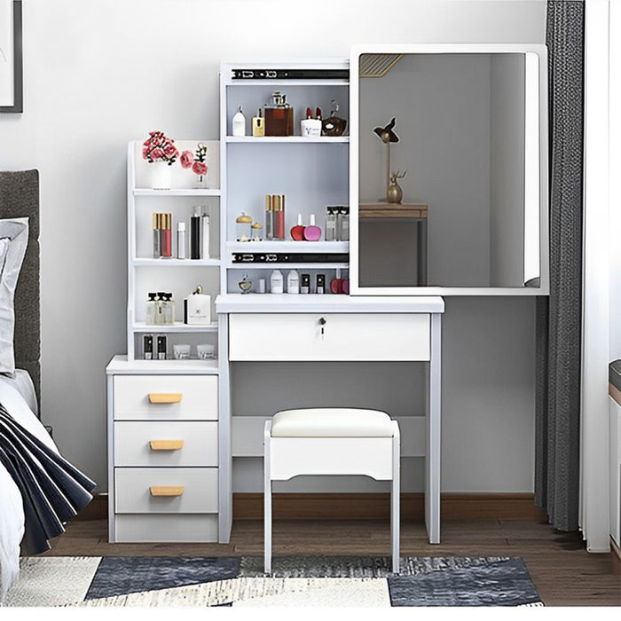 Vanity Desk With Mirror And Lights For Makeup And Chair Set With 3 Adjustable LED Lighting, 4 Drawers - White