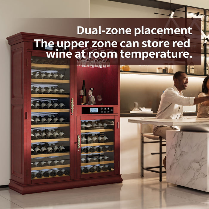 Wine Cooler With Dual Zone Temperature Control, Vacuum Insulated Door, LED Lighting, 158 Bottle Capacity - Cherry