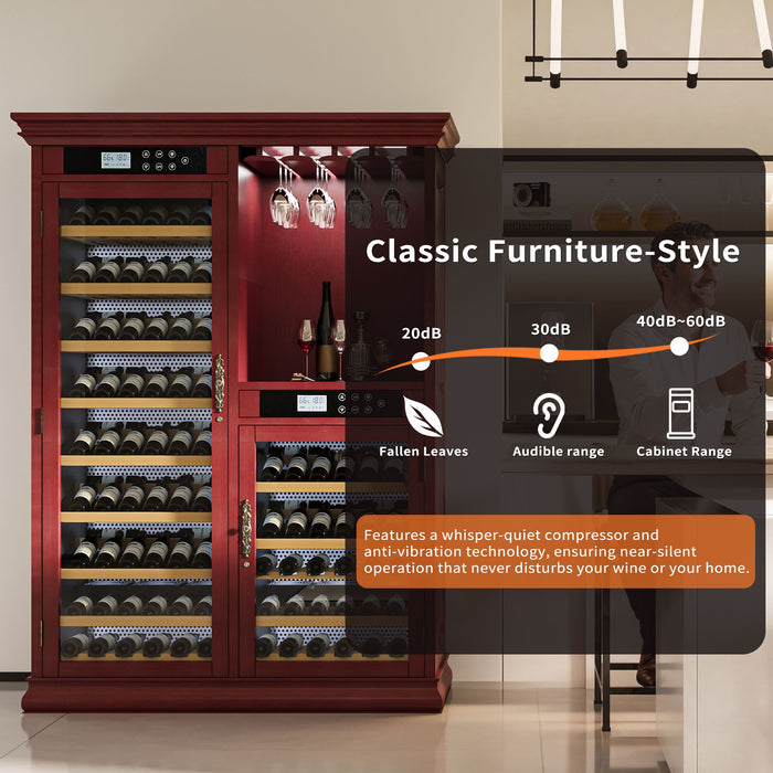 Wine Cooler With Dual Zone Temperature Control, Vacuum Insulated Door, LED Lighting, 158 Bottle Capacity - Cherry