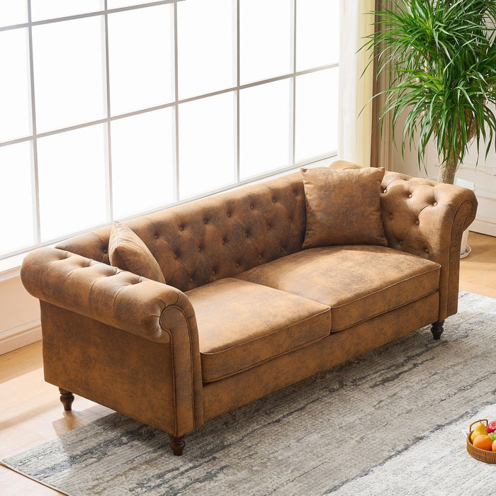 Chesterfield Sofa, High Roll Armrest Sofa, Upholstered Mid Century Modern Couch, 3 Seater Couch - Brown