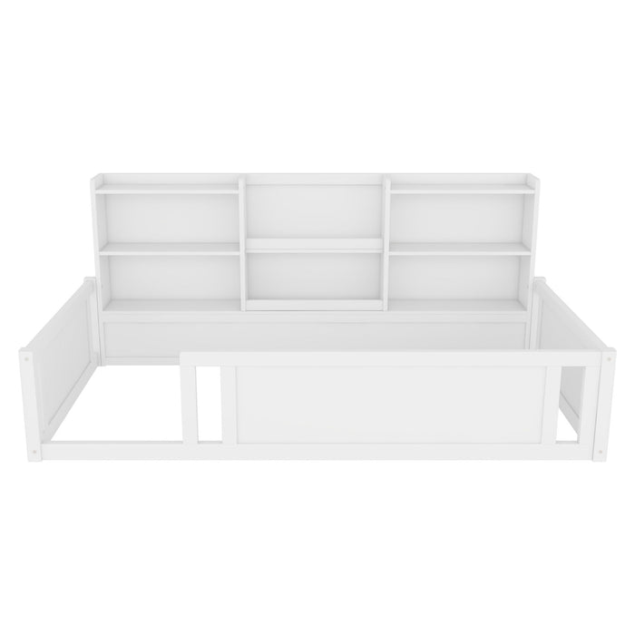 Platform Floor Bed With Guardrail Fence And Side Storage Shelves
