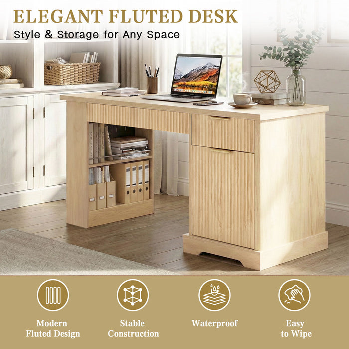 Modern Fluted Office Desk With Storage Cabinet