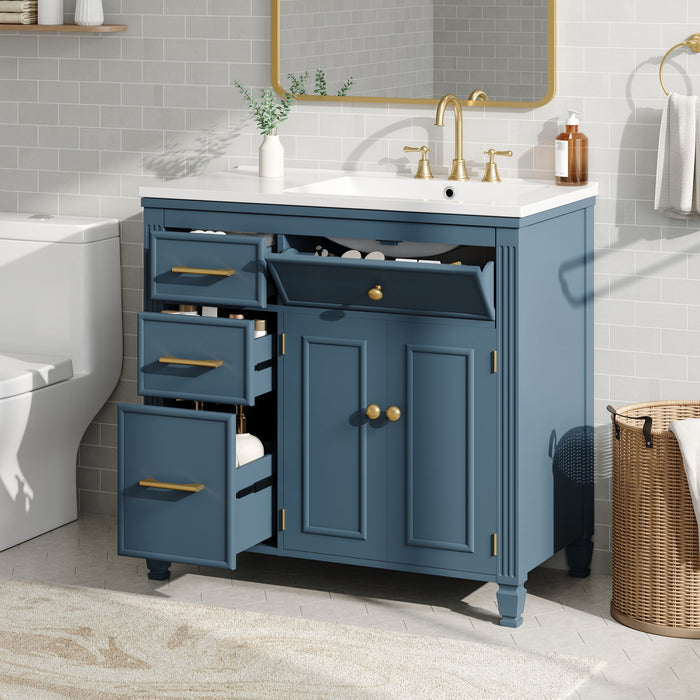 Modern Bathroom Vanity With Ceramic Sink, Freestanding, One Tip Out Drawer, 3 Side Drawers, Adjustable Shelf