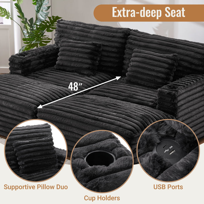 Plush Oversized Double Chaise Lounge Sofa Bed With USB Ports And Cup Holders