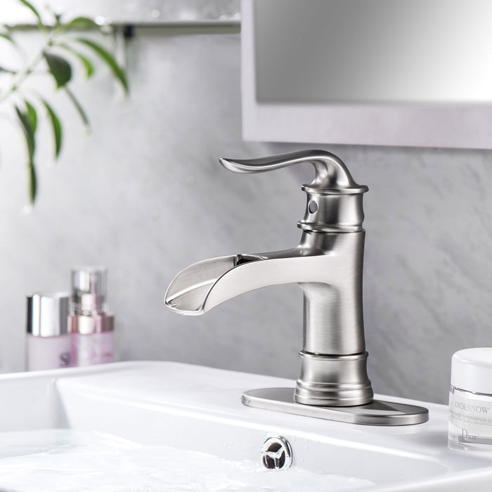 Waterfall Spout Bathroom Faucet With Single Handle And Pop Up Drain - Brushed Nickel