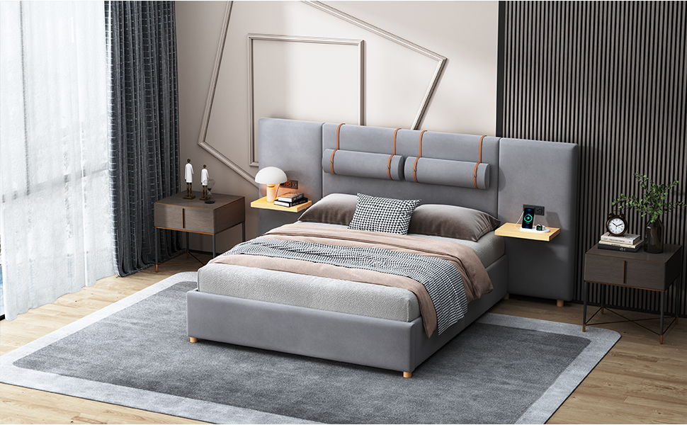 Upholstered Platform Bed, 2 Outlets And USB Charging Ports On Both Sides, 2 Bedside Pillows, Storage Shelves