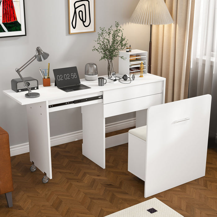 Folding Desk With Mirror And Storage Stool For Bedroom Or Apartment - White