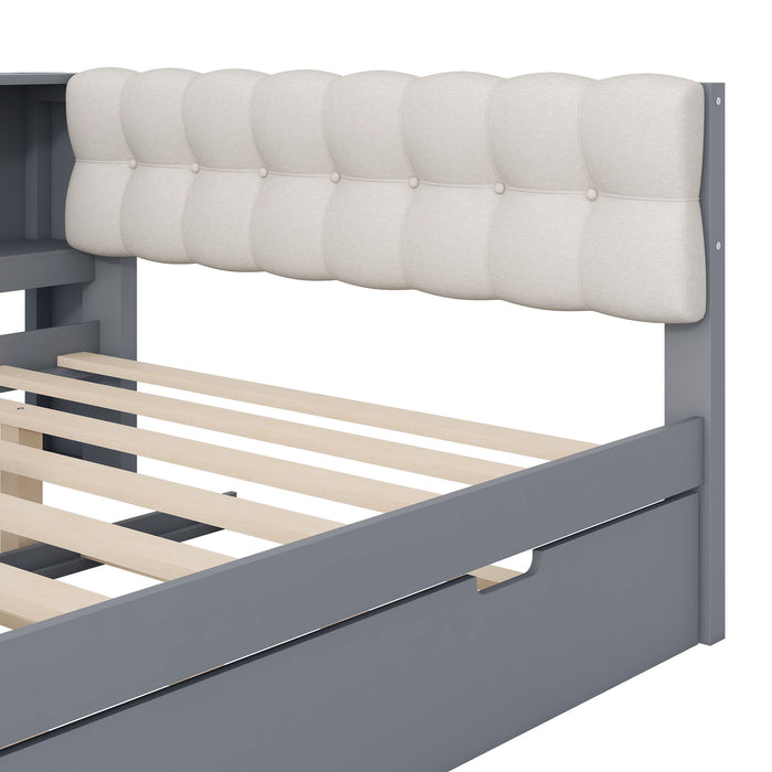 Upholstered Headboard Platform Bed With Storage Shelves, Trundle, Charging Station