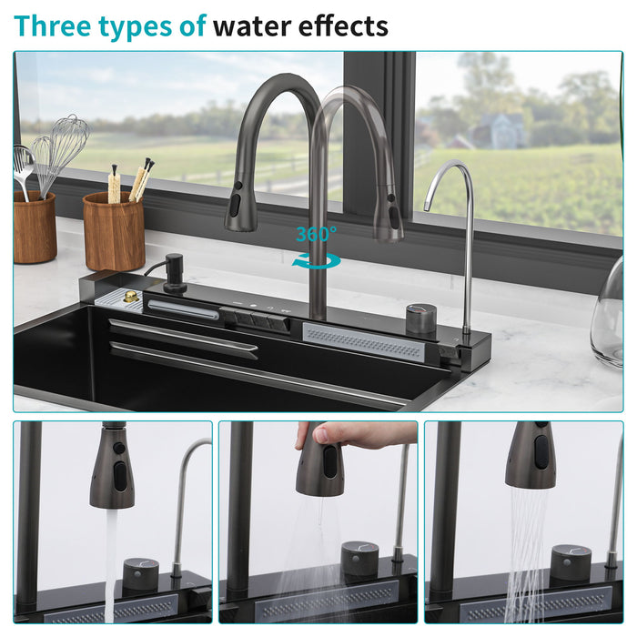 30" Whale Digital Waterfall Sink With LED Display, 16 Gauge Single Bowl Ledge Workstation - Gunmetal Black