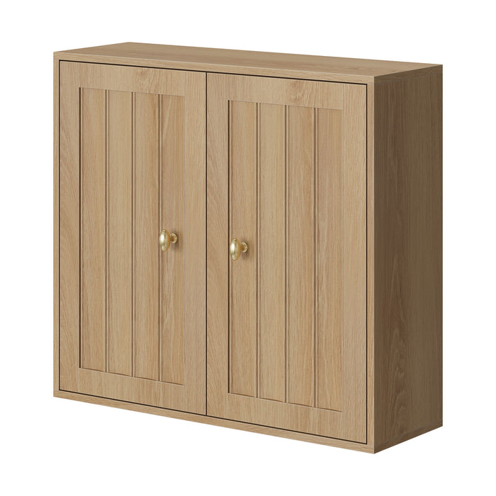 Wall Mounted Bathroom Cabinet With Double Doors And Vertical Grooved Design For Bathrooms - Oak