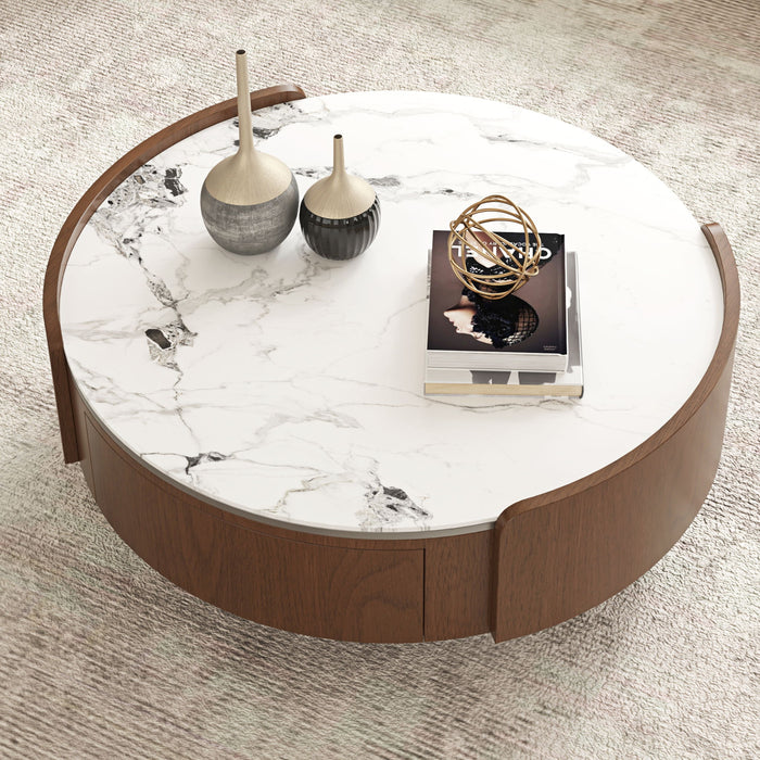 Round Coffee Table With Ball Feet, Dual Storage Drawers For Living Room - Walnut Brown