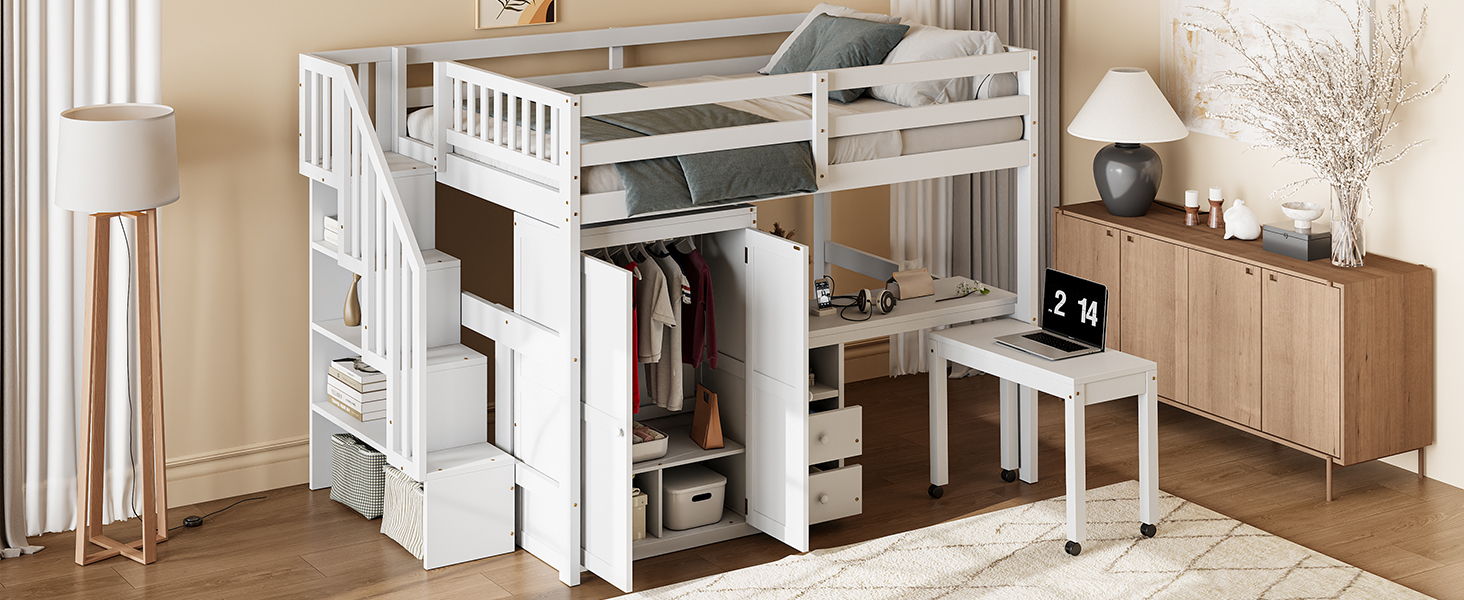 Loft Bed With Stairs, Bookshelf, Drawers, Desk & Wardrobe, Space Saving Multifunctional Furniture