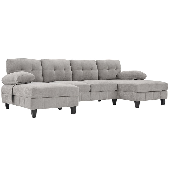 U-Shaped Sectional Sofa 103.5" Black Chenille Fabric Couch With Dual Chaise Lounges, Storage Pockets, Armrest Pillows