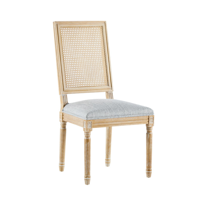 French Country Dining Chair With Rectangular Cane Backrest And Smooth Upholstered Seating
