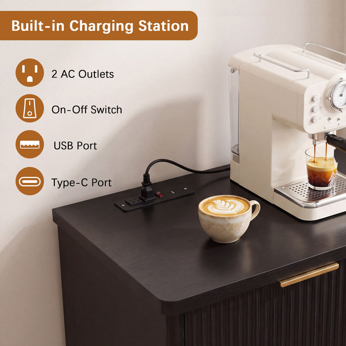 Fluted Coffee Bar Cabinet With Mini Fridge Space & Charging Station
