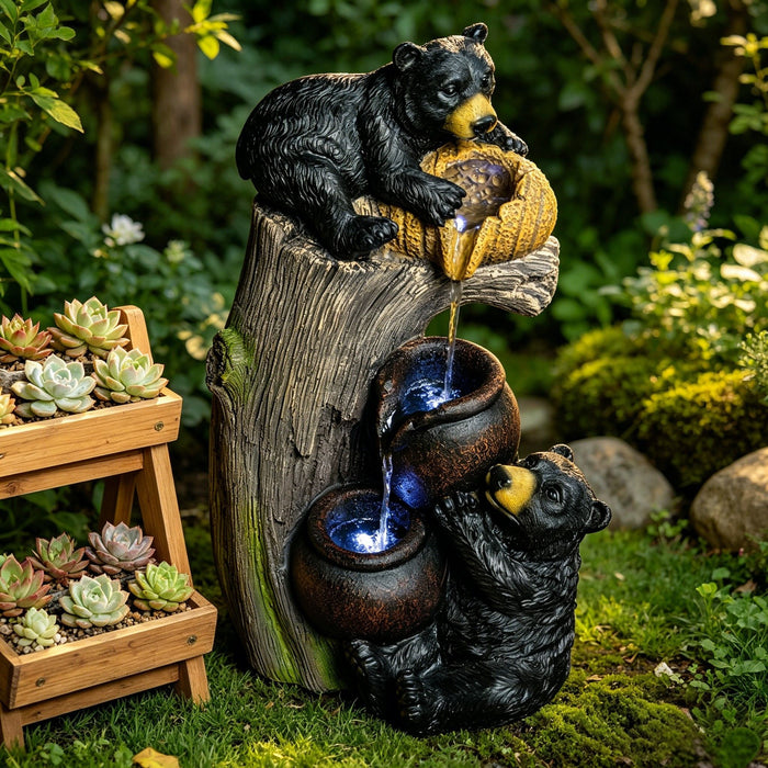 Bear Tree Stump Outdoor Water Fountain With LED Lights - Brown Gray