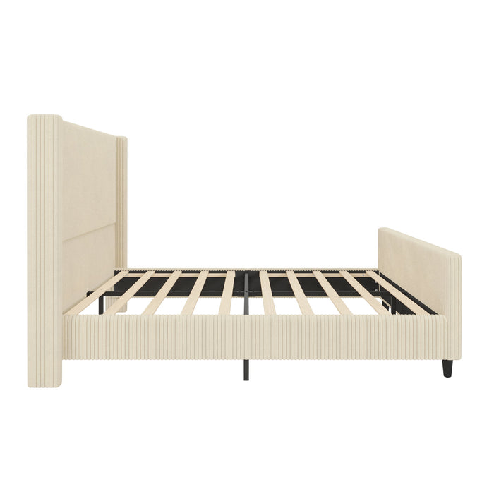 Corduroy Upholstered Bed Frame With Vertical Stripe Wingback And High Footboard