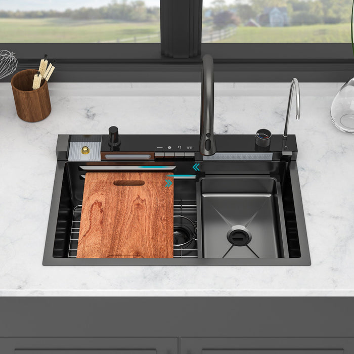 30" Whale Digital Waterfall Sink With LED Display, 16 Gauge Single Bowl Ledge Workstation - Gunmetal Black