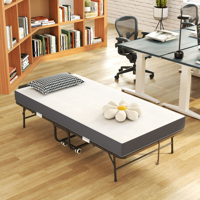 Twin Folding Bed With Adjustable Headboard, Memory Foam For Tall People, Heavy-Duty Portable On Wheels, Easy Assembly - Black