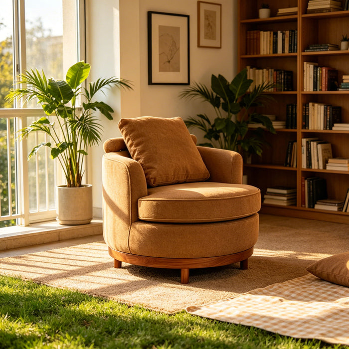 Rotatable Round Barrel Accent Chair With Adjustable Headrest - Orange / Dark Brown