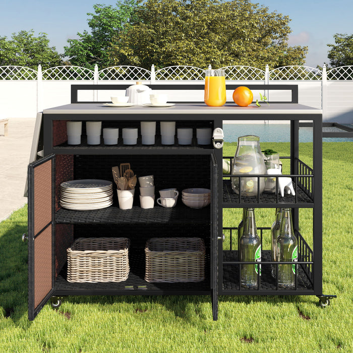 Outdoor Kitchen Island With Storage, Cooking Station, Grill Cart, Foldable Tabletop, And Bottle Opener - Dark Brown