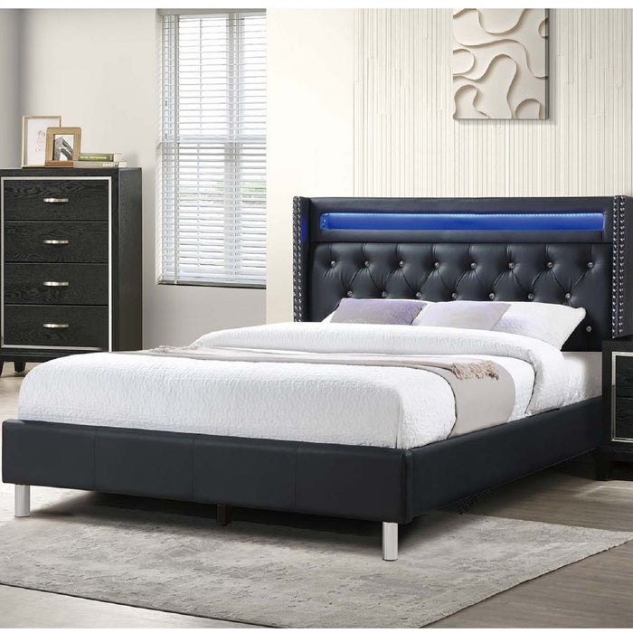 Modern Bed With LED Lights, Charging Port, Tufted Headboard
