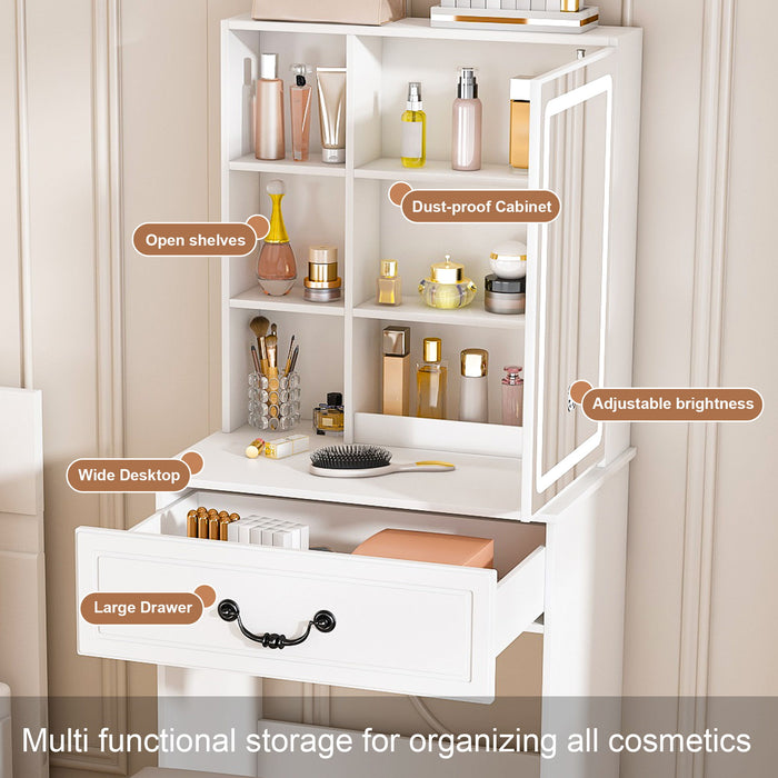 Modern Mini Dressing Table With Led-Lit Mirror & Hidden Storage, Adjustable Brightness Vanity Desk - White