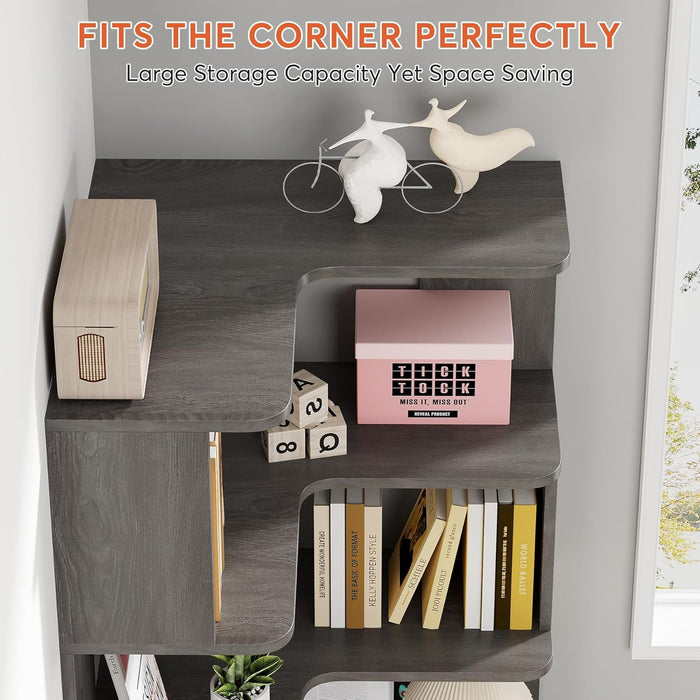 6 Tier Corner Bookshelf, L-Shaped Freestanding Shelf With Anti Drop Panels