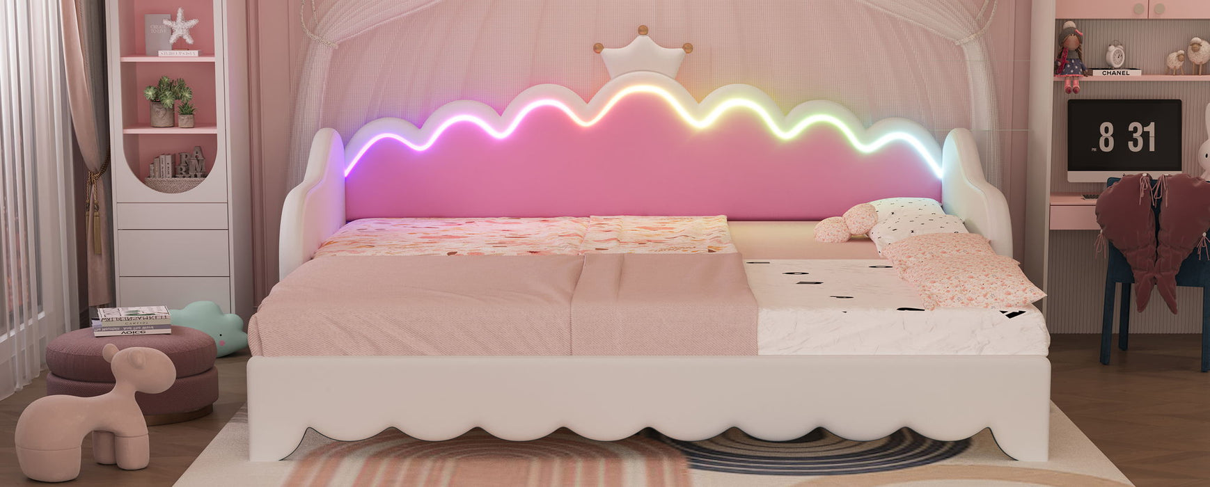 Extending Daybed With LED Lights, Modern Upholstered Princess Daybed With Crown Headboard