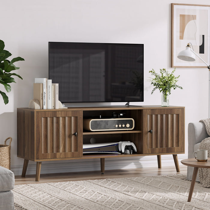 55" TV Cabinet With Vertical Groove Doors, Adjustable Shelves - Walnut