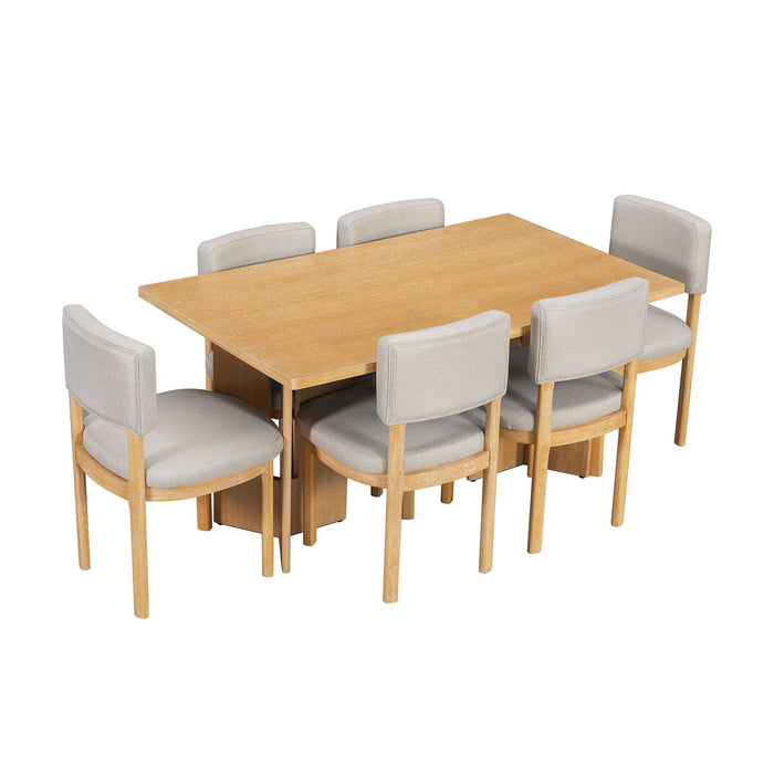 Dining Table Set With 6 Upholstered Chairs, Rectangular Table With Cutout Legs
