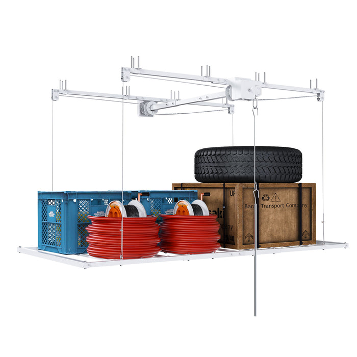 Overhead Garage Storage Rack 3 X 6 Ft For High Ceilings, With Safety Lock - White