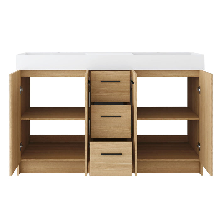 Double Sink Bathroom Vanity With 3 Drawers, Large Storage, Integrated Sink, Freestanding Cabinet, Soft Close Hardware - Glossy White / Light Oak