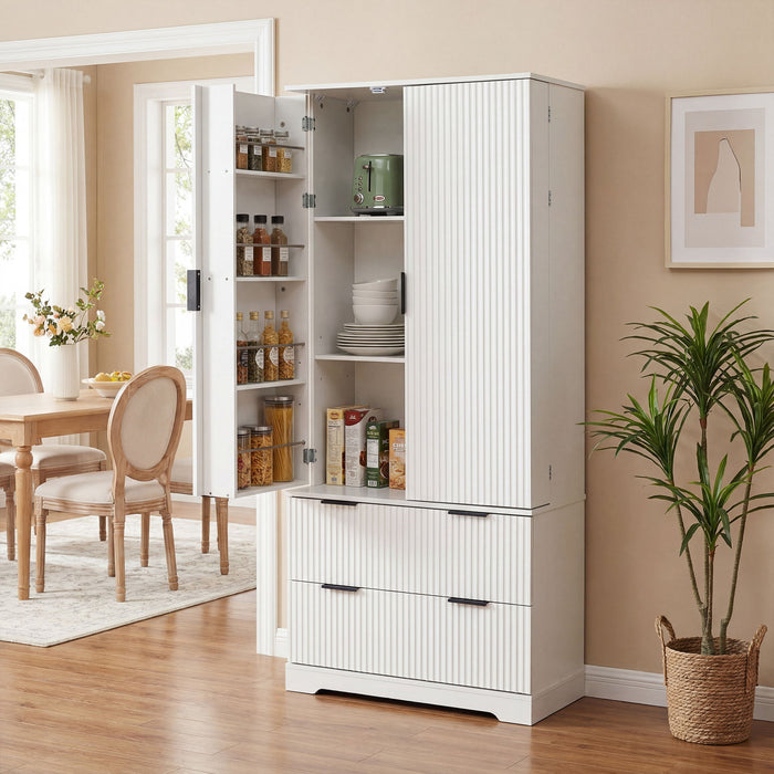 Fluted Kitchen Pantry Cabinet With 2 Large Drawers & 8 Door Spice Rack