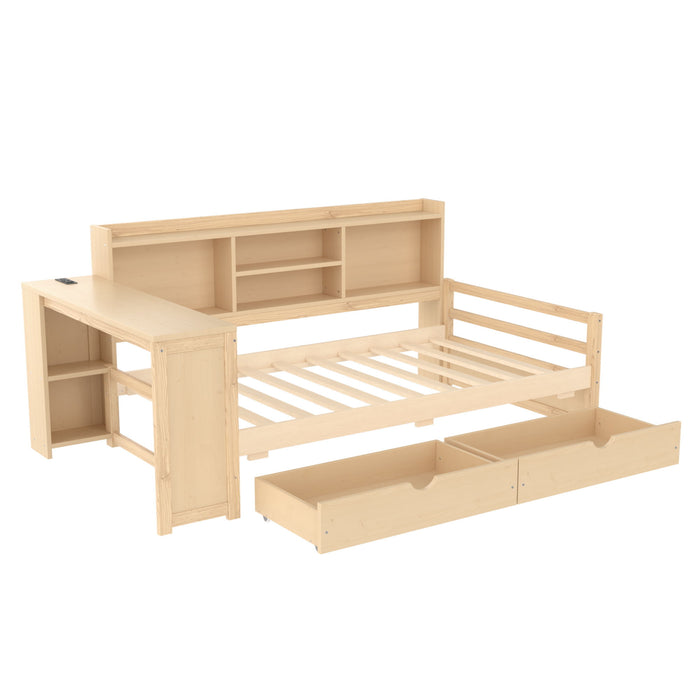 Corner Daybed With Storage Drawers, Desk, Charging Port & Bookcase
