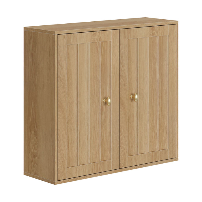 Wall Mounted Bathroom Cabinet With Double Doors And Vertical Grooved Design For Bathrooms - Oak