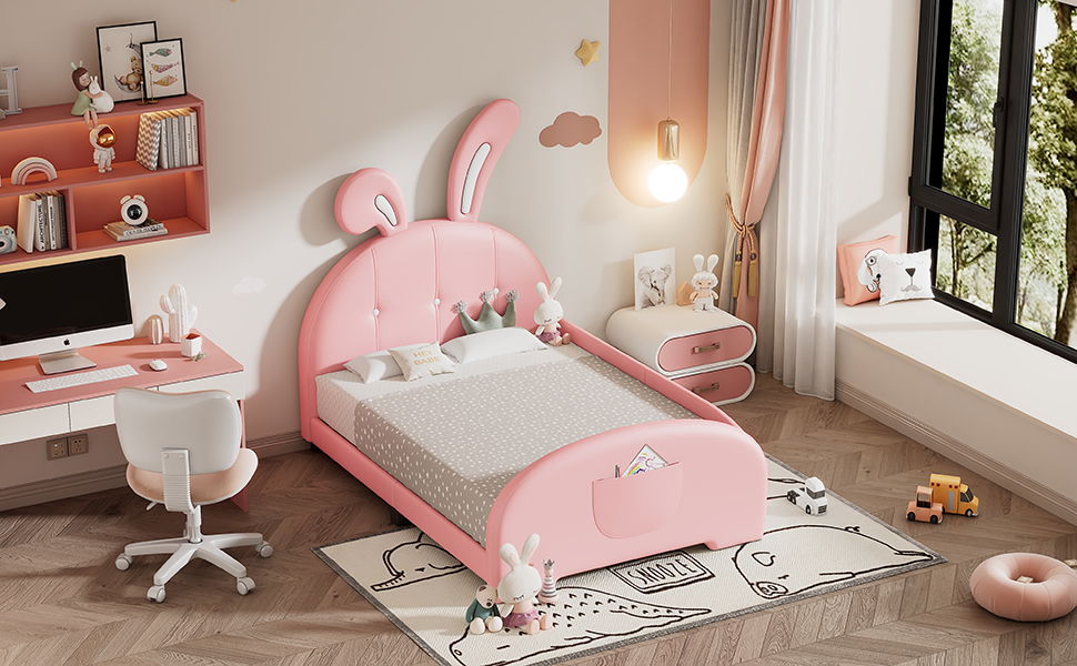 Upholstered Rabbit-Shape Princess Bed With Headboard And Footboard