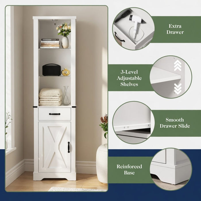 Pantry Cabinet With LED Lights And Barn Door With Tempered Glass Shelves - White