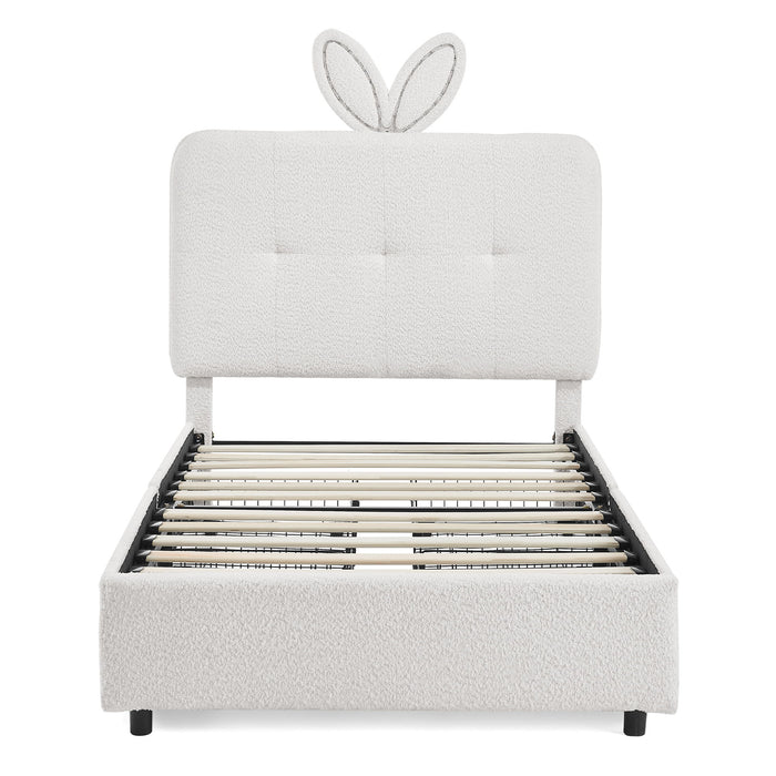 Upholstered Bed With Oversized Rabbit Ear Headboard, LED Lights & 4 Storage Drawers