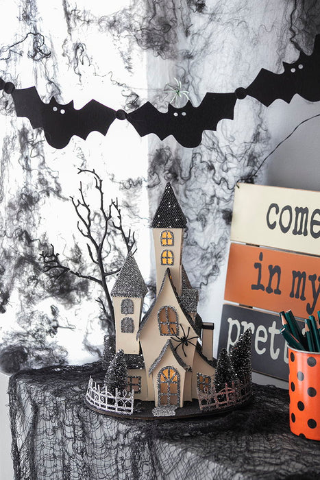Cardboard Lighted Haunted House, Tabletop Holiday Halloween Decor, Battery Powered - Beige / Black