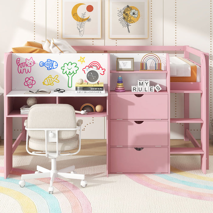 Low Loft Bed With Built In Desk, Storage Cabinets, Open Bookcase And Doodle Blackboard