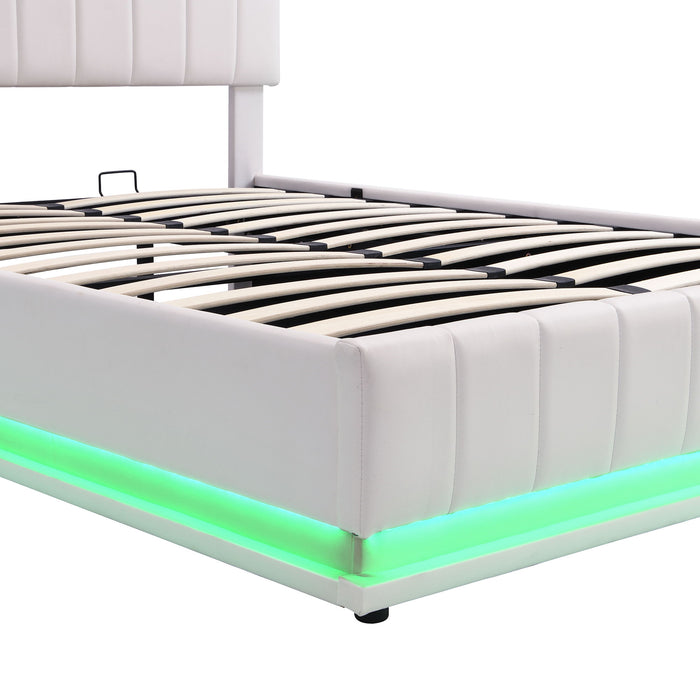 Upholstered Bed With Hydraulic Storage System And LED Light, With Sockets And USB Ports
