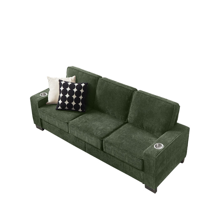 Modern Corduroy Fabric Sofa, 3 Seater Compressed Couch With Cup Holders