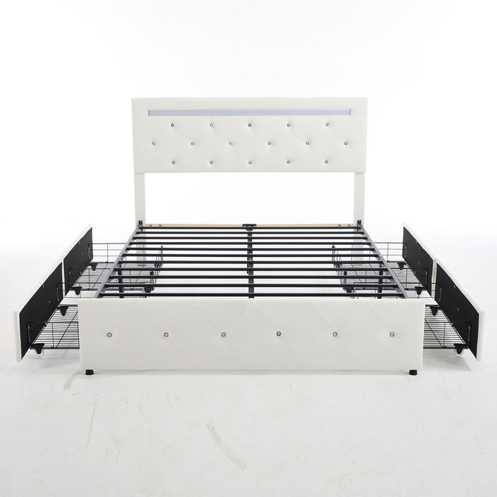 Upholstered Bed Frame With LED Lights, 4 Storage Drawers, Charging Station
