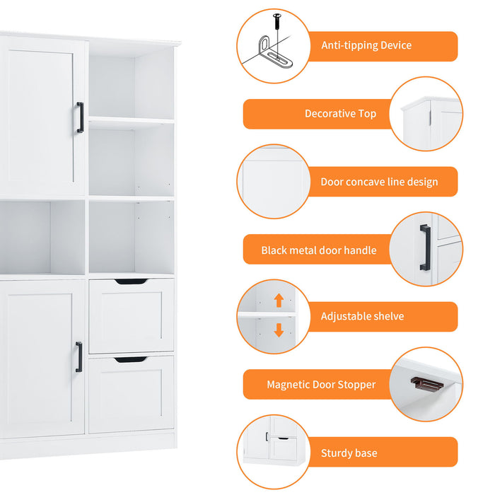 Freestanding Bathroom Storage Cabinet With Doors And Drawers, Adjustable Shelf, Open Shelves - White