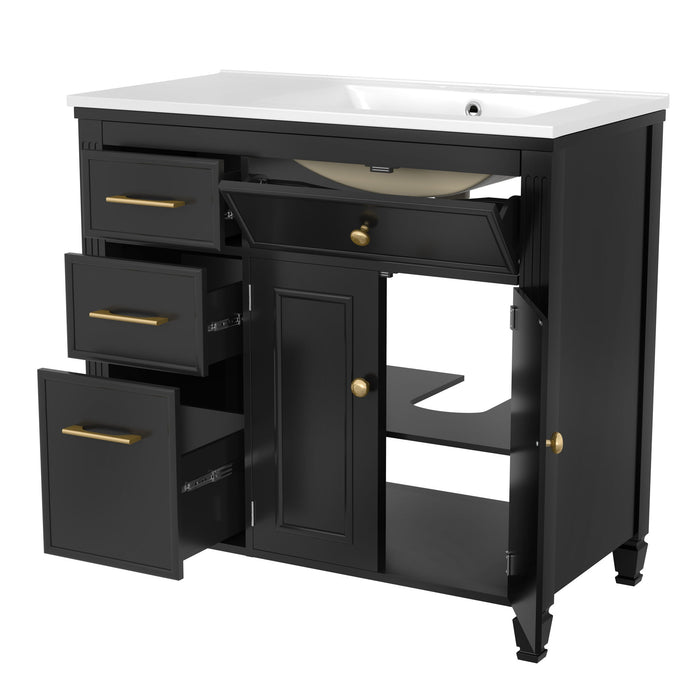 Modern Bathroom Vanity With Ceramic Sink, Freestanding, One Tip Out Drawer, 3 Side Drawers, Adjustable Shelf